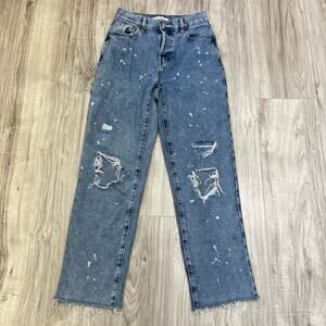 Pacsun Women’s High Waist Straight Jeans Size 24 Blue Ripped Denim Button Fly